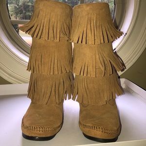 Minnetonka Calf High 3-Layer Fringe Boots